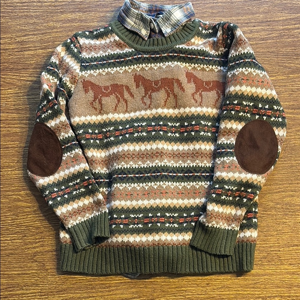 Janie and Jack Green and Brown Nordic Sweater